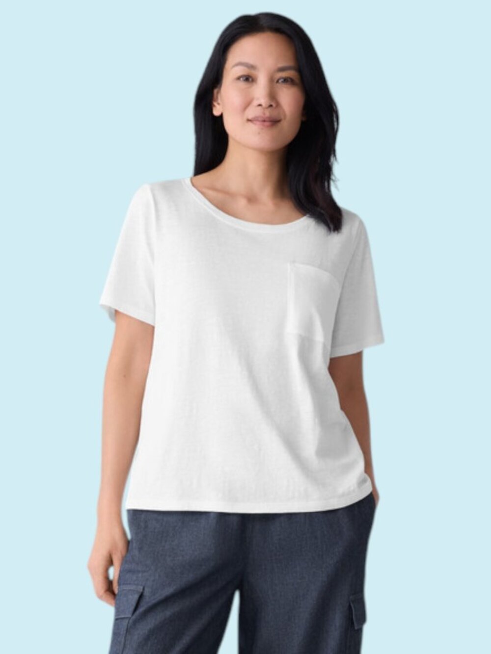 Eileen Fisher Slubby Jersey Pocket Tee Size XL White Organic Cotton Scoop Neck